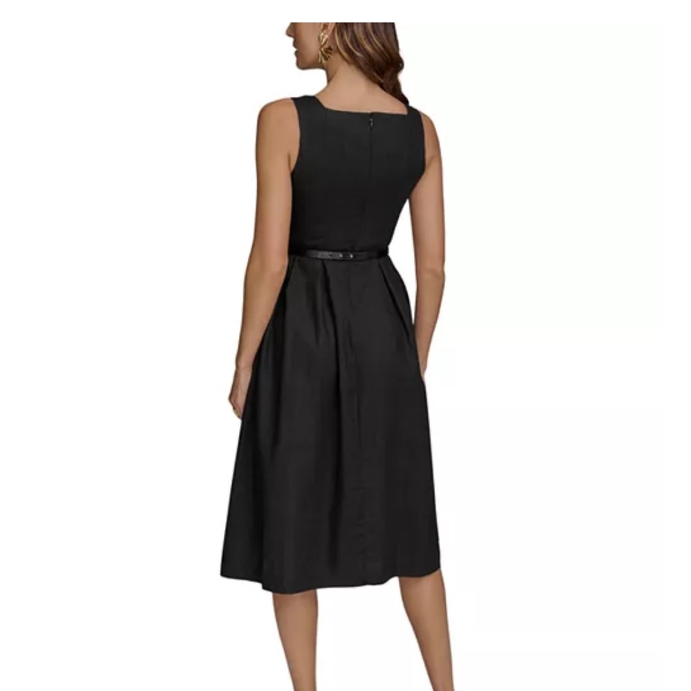 Donna Karan Black  linen Midi Dress with Gold Bow belt - Picture 2 of 10